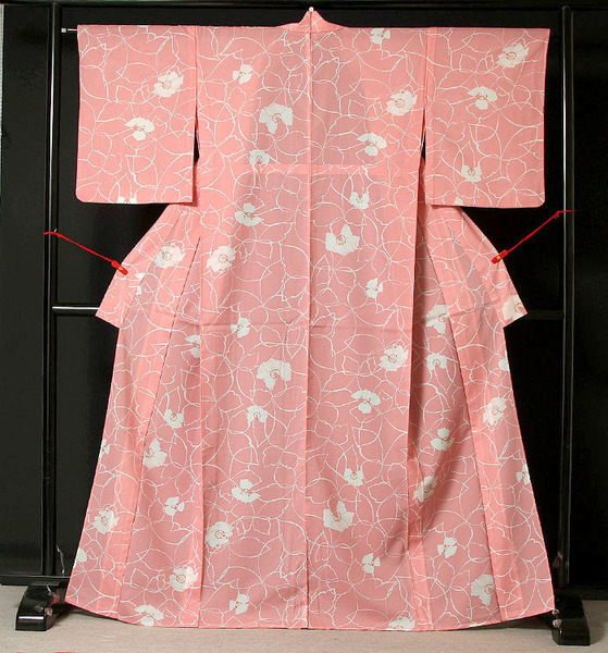 ■7346■ 夏着物 絽 洗える小紋 芙蓉の花 バチ衿 美品