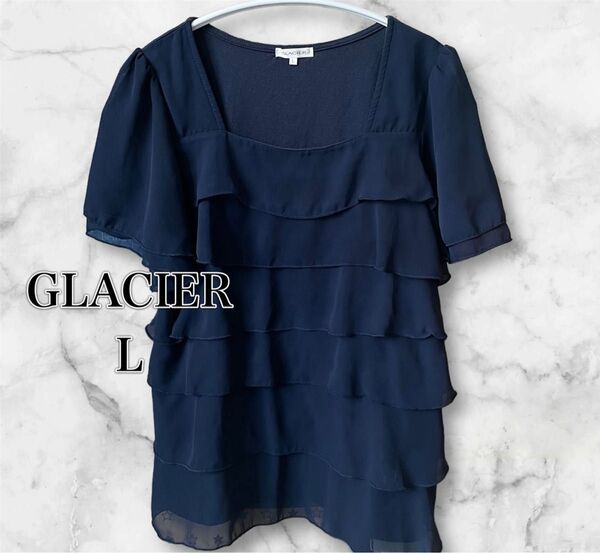 GLACIER ネイビー段フリルトップス カットソー L オフィスカジュアル 半袖