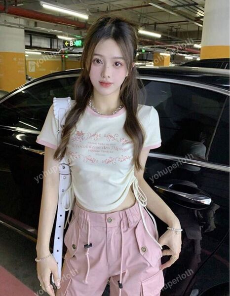 SHEIN クロップ シャツ サイドリボン Tシャツ レディース ダンス 韓国