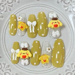 ジェルネイルチップ キャラクターネイル イエローネイル ネイルチップ ロングバレリーナ ポムポムプリン ギャルネイル