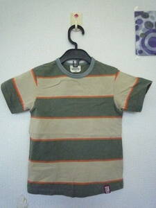 ★MINI-BA-TSU 半袖Tシャツ 太ボーダーカーキ系×オレンジ（１００）