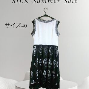 silk シルクワンピース サイズ40ホワイト&ブラックカッティング花柄