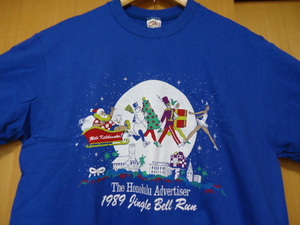 即決　ハワイ　1989年製　クレイジーシャツ　ジングルベル ラン　クリスマス　Ｔシャツ　ブルー色　Ｌ　新品　未使用品　MADE IN USA