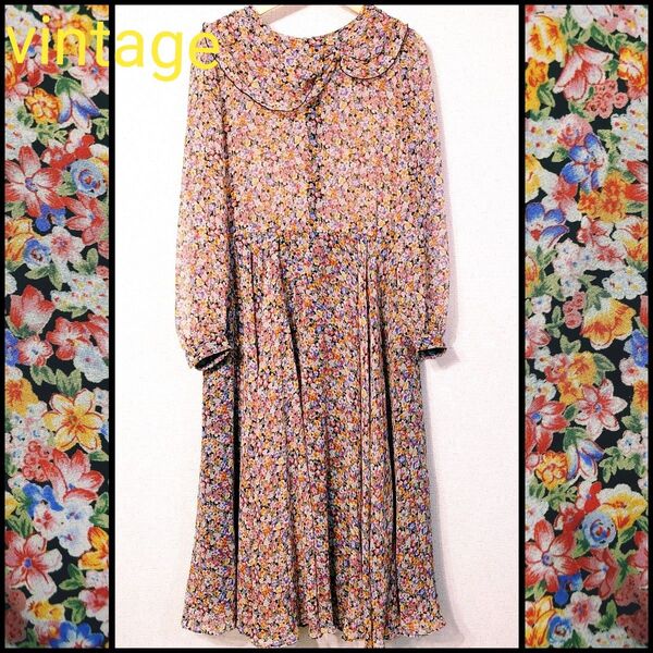 昭和レトロ古着★鮮やか小花柄シアーワンピース ロング