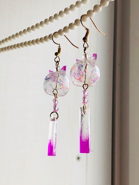 シャボン玉 レジン 猫耳 風鈴モチーフ ピアス イヤリング
