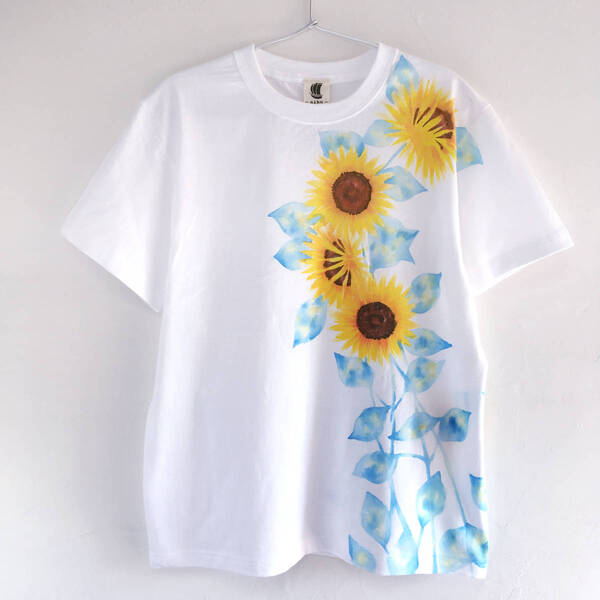 メンズ Tシャツ Lサイズ 白 ひまわり柄Tシャツ ホワイト ハンドメイド 手描きTシャツ 和柄