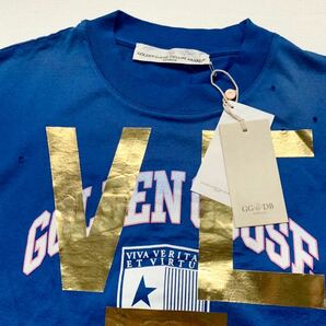 新品 ゴールデングース GOLDEN GOOSE ヴィンテージ加工 ダブルプリント ロゴ Tシャツ XS レディース ブルー ゴールドの画像4
