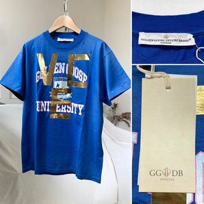 新品 ゴールデングース GOLDEN GOOSE ヴィンテージ加工 ダブルプリント ロゴ Tシャツ XS レディース ブルー ゴールドの画像1