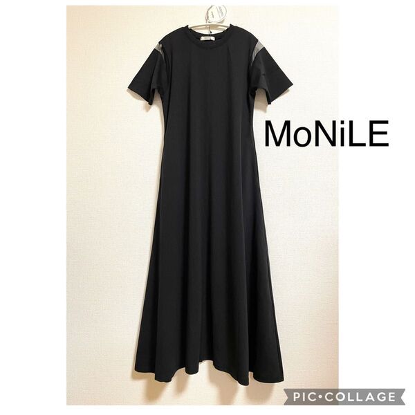 【新品】MoNiLE モニーレ 袖 チュール切替 カットソー フレアワンピース ブラック 半袖 ロングワンピース カジュアル 黒