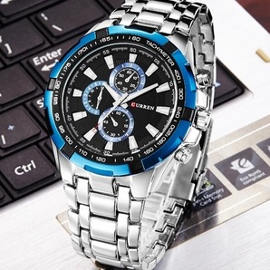 CURRENメンズ腕時計(青)(電池も新品)