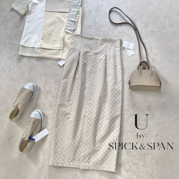 在庫1枚のみ新品1.1万!日本製UbyスピックアンドスパンドットプリントリネンIラインスカートドット柄ロングタイトスカート水玉
