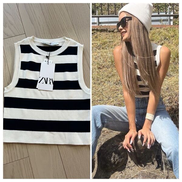 ZARA 完売品 クロップドニットトップス ボーダー ストライプ タンクトップ ノースリーブ