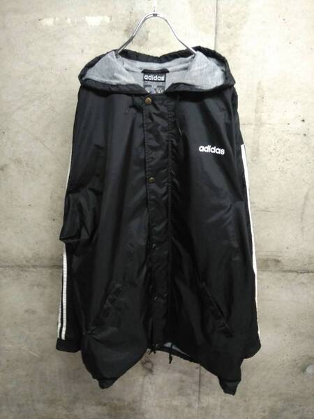 90s adidas / アディダス ベンチコート M 黒 薄手 vintage ヴィンテージ ビンテージ ナイロンジャケット コート サッカー フットサル レア