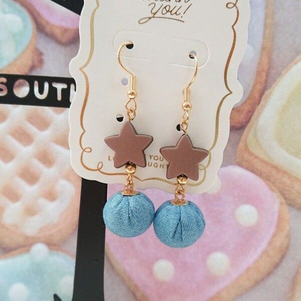 ◆ハンドメイド◆スター×デニム風包みチャーム ピアス♪