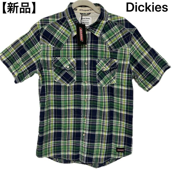 【新品】Dickies ディッキーズ 半袖シャツ アメカジ チェック 麻 リネン グリーン 胸ポケット