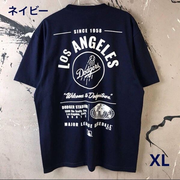 LA ドジャース チームロゴ 半袖 Tシャツ ネイビー XLサイズ ベースボール スポーツ観戦 人気カラー 送料無料