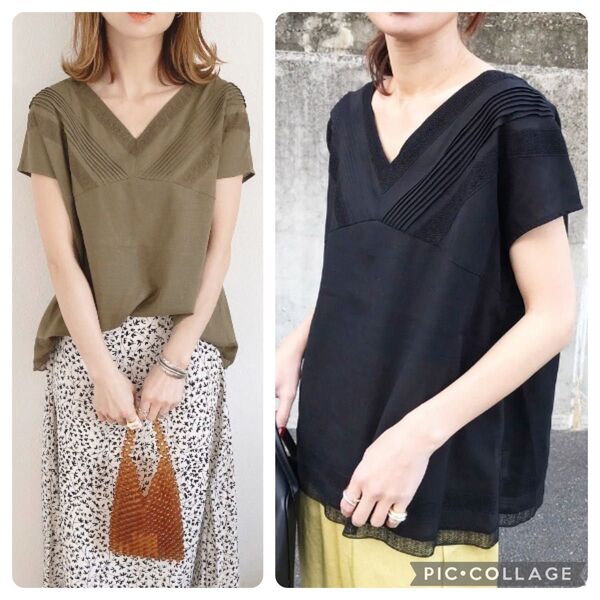 新品同様アズールエンカントVネックブラウス黒レーヨン混レースブラウス 半袖 ブラック
