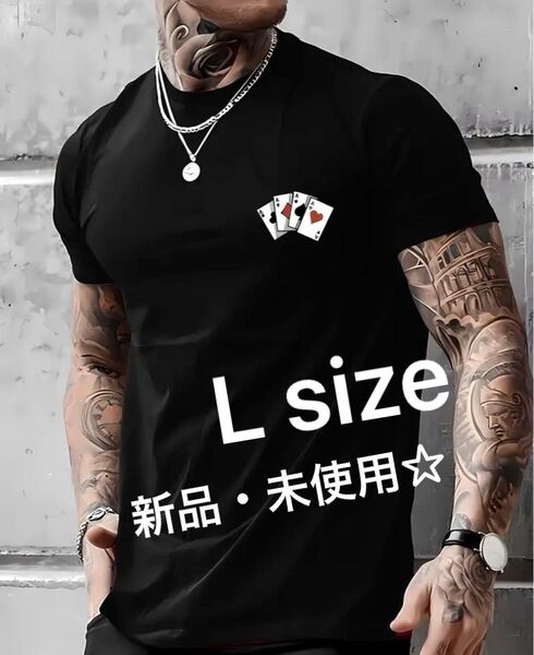 Tシャツ 半袖 トップス プリントTシャツ メンズ L ブラック 黒 ワンポイント クルーネック 丸首 カジュアル 新品 未使用