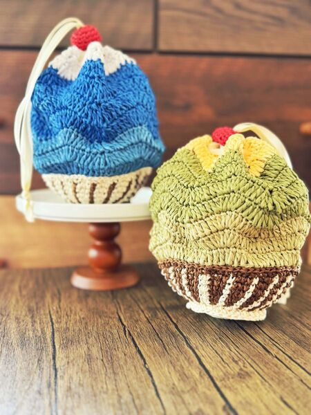 絶品「かき氷」ペーパーラフィア(紙リボン ) かぎ針編み巾着袋 ブルーハワイ/抹茶クリーム/クリームソーダ