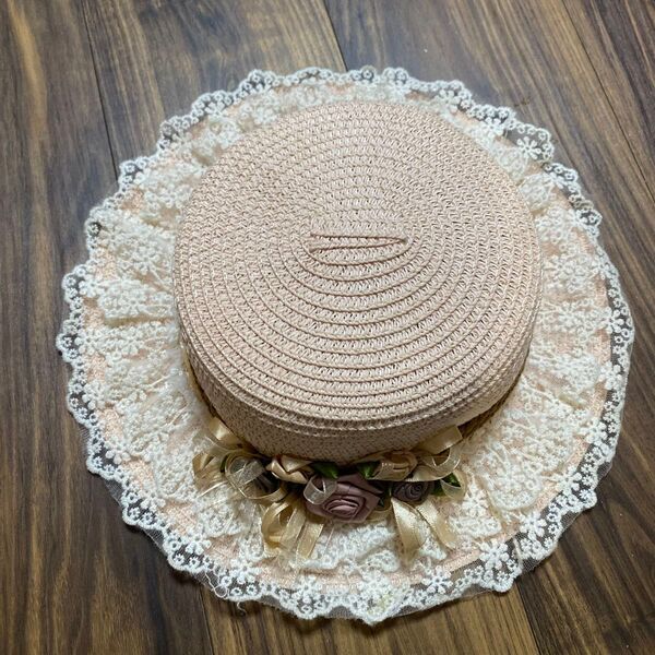 アクシーズファムキッズ カンカン帽 麦わら帽子 レース帽 ピンク 美品