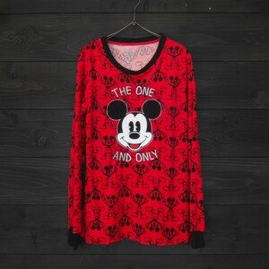 ★DISNEY★ディズニー★総柄ベロアクルーネック★ミッキー★レッド★XL