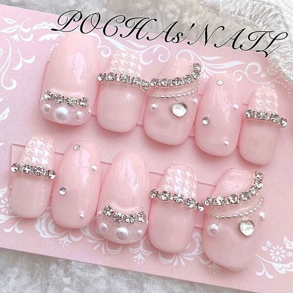 ネイルチップ 千鳥格子 チャーム ぴんく ガーリー 量産型 ちゅるん ワンホン