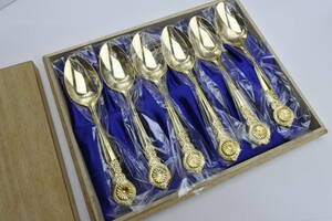 日本皇室特別記念品 天皇陛下菊の御紋入金メッキ高級スプーンセット 極希少品