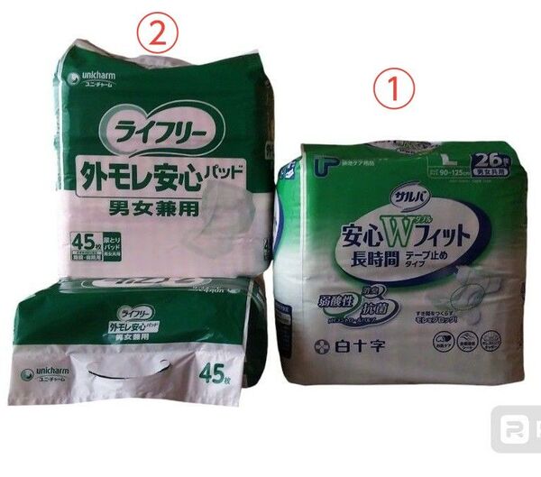 ①サルバ 安心Wフィットテープ26枚 Lサイズ【1袋】&②ライフリー外モレ安心パッド男女兼用45枚【2袋】のセット