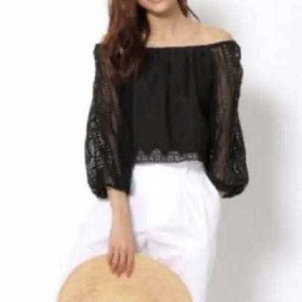MACPHEE 2wayレーストップス ショート丈 オフショルダー 黒 ブラック 夏服