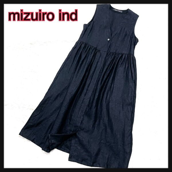 mizuiro ind ミズイロインド リネン100%ノースリーブワンピース ロング丈ロングジレ黒ブラック麻前開き ナチュラル