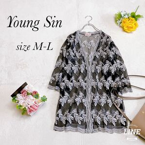 【Young Sin】レース 羽織り(M-L)花刺繍 フラワー 透け感 黒 白