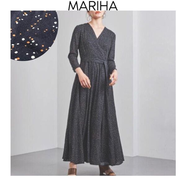 MARIHA マドモアゼルのドレス ワンピース ドット ネイビー マリハ カシュクール 長袖 リボンベルト付 フレア ロング 紺