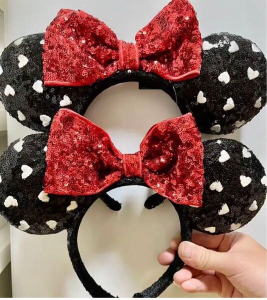 二点セットディズニー カチューシャ ミニーハート刺繍 ホワイトデー新品ブラック黒