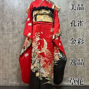 美品 孔雀 ラメ 逸品 金彩 赤 草花 フルセット 振袖 振り袖