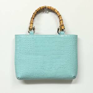 新品 ◆ 牛革クロコ型押し バンブー手提げ 横型 水色 ◆ 神輿 みこし祭り まつり 合切袋 千代掛 バッグ 三社祭 竹手 ポーチ ポシェット