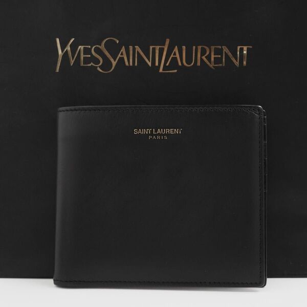 【極美品】SAINT LAURENT PARIS 二つ折り ブラック ウォレット レザー 札入れ カードケース