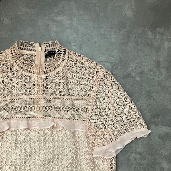 89 ザラ 総レース 刺繍 フリル 半袖 ブラウス シャツ サイズ サイズ L