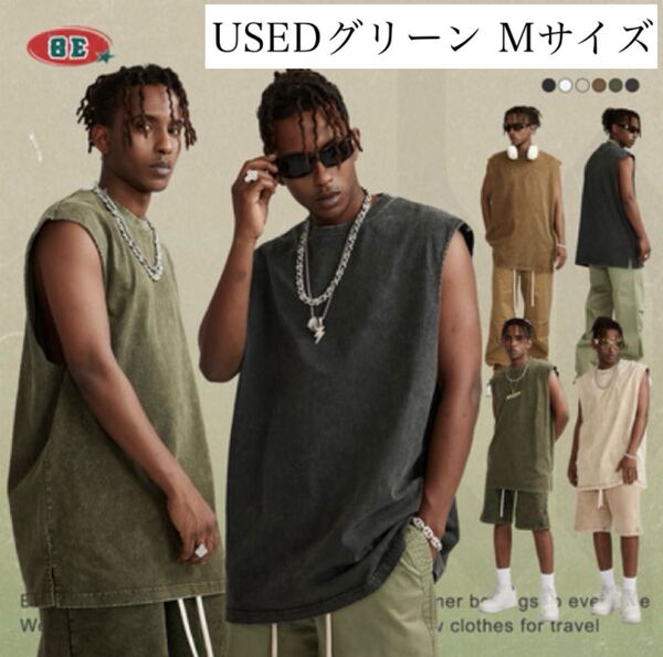 タンクトップ ノースリーブ シャツ ウォッシュ加工 ストリート ヘビーウェイト カットオフ Tシャツ メンズ レディース グリーン