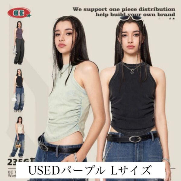 ノースリーブ タンクトップ ウォッシュ加工 ユーズド加工 Y2K ストリート シャツ Tシャツ トップス 韓国 パープル Lサイズ