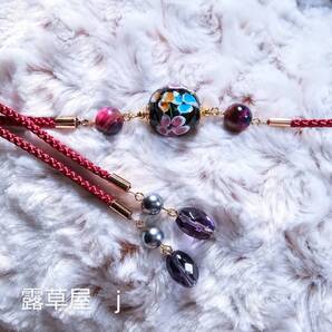 SALE●浴衣用小物 j 花模様黒とんぼ玉 虎目石 浴衣用帯締め えんじ色●