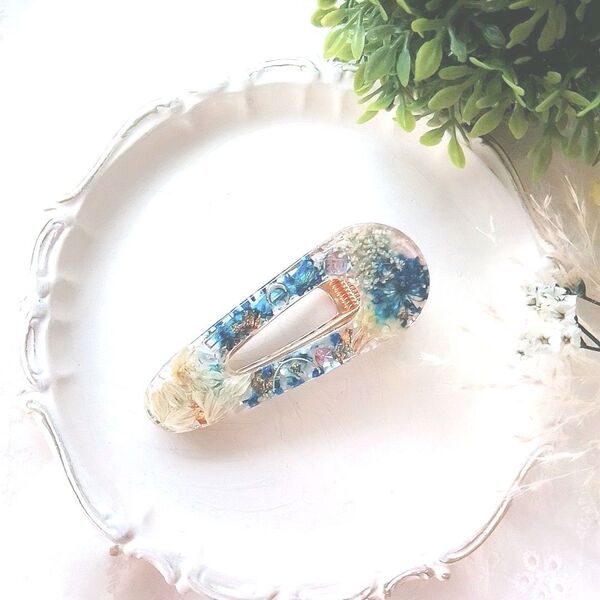 ハンドメイド ヘアクリップ 押し花 ヘアアクセサリー BLUE