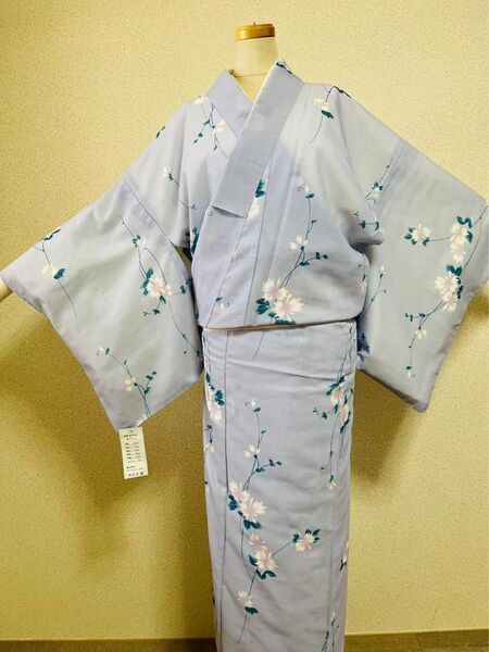 NEW 上品夏きもの淡紫色系地になでしこ柄 夏着物 単衣 Sサイズ