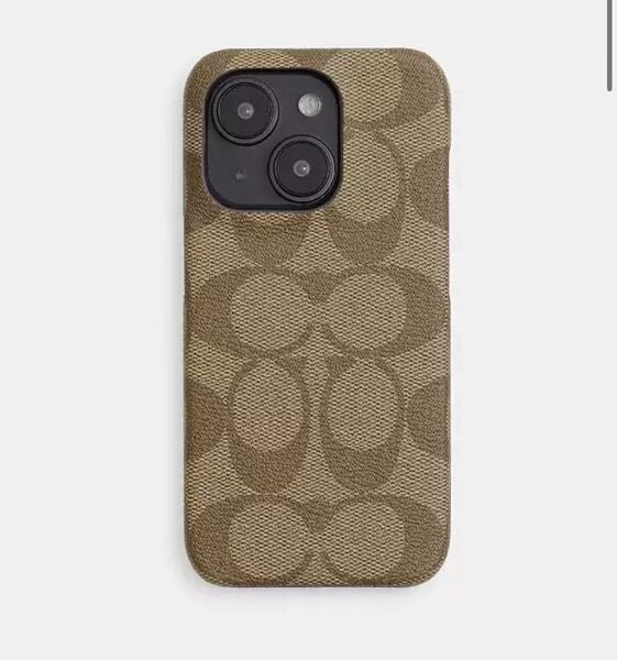 送料込●新品●14300円 COACH カーキ系 D iPhone15PRO iPhoneケース 型押しレザー シグネチャー スマホケース コーチ コーテッドキャンバス