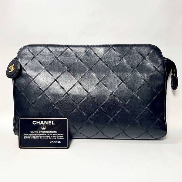 CHANEL シャネル マトラッセ コスメポーチ ラージ ブラック ラムスキン レディースセカンドバッグ クラッチバッグ アクセサリーポーチ 美品