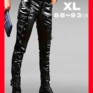 ★新品!◆大き目ウエスト88~93㎝*XL相当◆送料無料!★光沢*高級感◆PUレザー*スキニーパンツ*革パン*ストレッチ*黒,ブラック*綺麗*滑らか