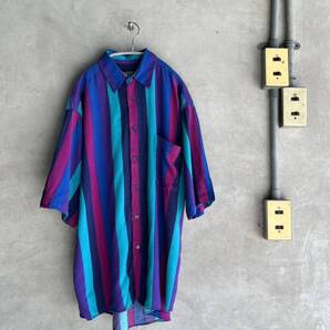 80s 80年代 90s 90年代 I.O.U ストライプシャツ レーヨン ビンテージ 古着 半袖 ユーロ EURO US ストリート スケート