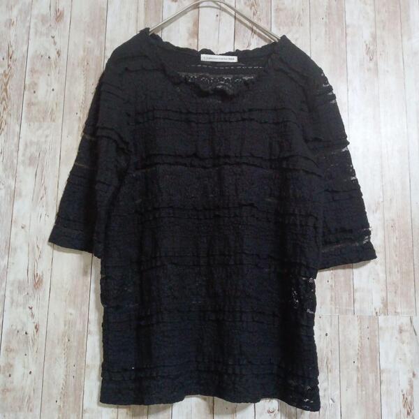 【E hyphen world gallery PEACE】レースブラウス☆透け感☆フリル☆フリーサイズ☆半袖カットソー☆シースルー☆黒☆ブラック☆トップス