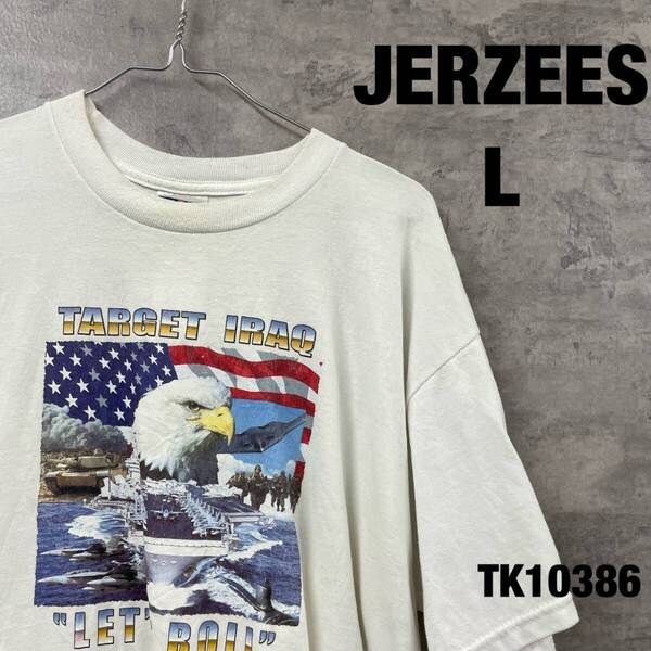 JERZEES ジャージーズ ホワイト Tシャツ 半袖 L メンズ コットン クルーネック イーグル アメリカ アニマル USA 海外輸入 古着 TK10386
