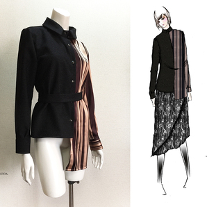 【1点もの・デザイン画付き】ストライプ高級サテン&ラメ入りツイード調生地アシメトリーブラウス(KOJI TOYODA)