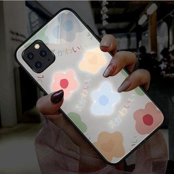 iphoneケース ガラス LINE 音楽 発光 着信光る 可愛い花柄